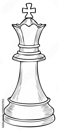 Detailed hand-drawn illustration of a chess king piece in a black and white engraving style.