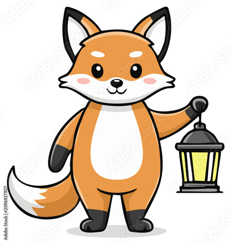 Cute cartoon fox holding a glowing lantern illustration for children and nature themes
