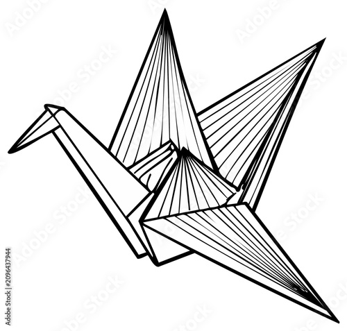 Black and white illustration of an origami crane, a traditional paper art form