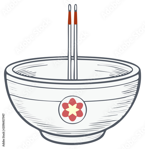 Hand drawn sketch of a ceramic bowl with chopsticks inserted, featuring a floral emblem.