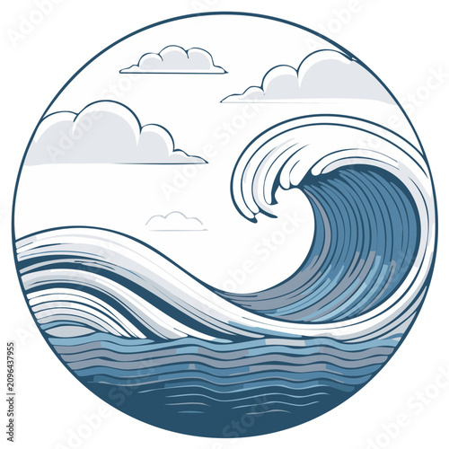 Stylized Ocean Wave Under Cloudy Sky Circle Illustration