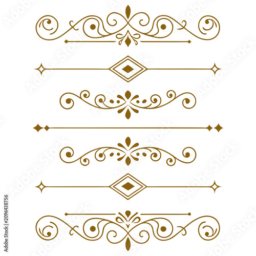Elegant golden vector design elements set isolated on white background, calligraphic swirl dividers for wedding invitations, borders for text frames.