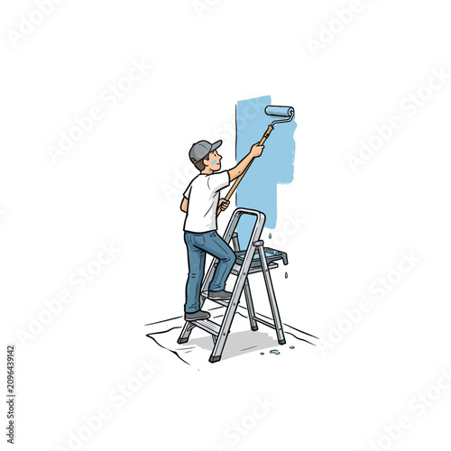 Home Improvement Activity Showing A Painter Applying Blue Paint To A Wall Using A Roller From A Stepladder In A Casual Indoor Environment, Illustration Vector Illustration
