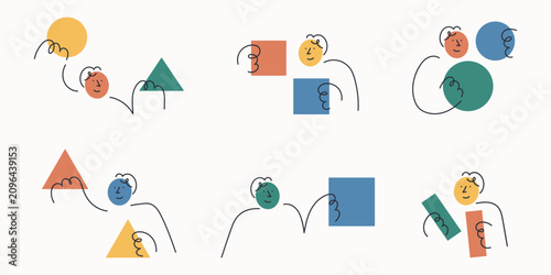 Doodle line character set with abstract people figures and geometric shapes. One line drawing minimalist vector illustration collection for modern creative design projects colorful.