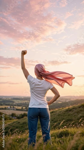 Woman in pink headscarf raises fist triumphantly at sunset over rural landscape.