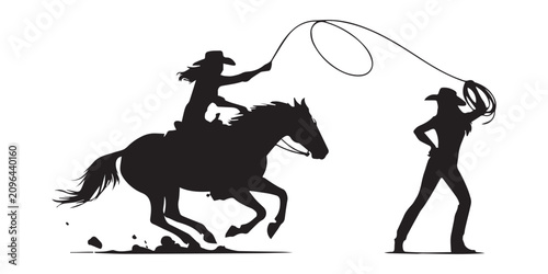 Fotografie Cowgirl and horse with lasso plus another cowgirl all in silhouette, a black sil