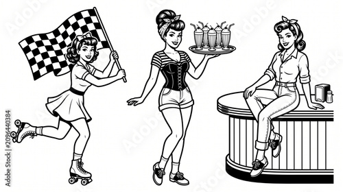 Vintage Retro Pin Up Girls Diner Set with Car Hop Waitress Serving Milkshakes and Roller Skating Flag Girl, 1950s Americana Rockabilly Line Art Illustration, Black and White Vector