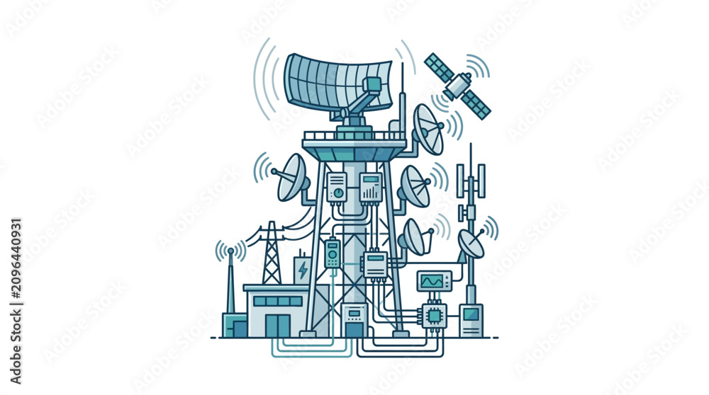 Fototapeta premium Complex communication tower with multiple satellite dishes antennas.