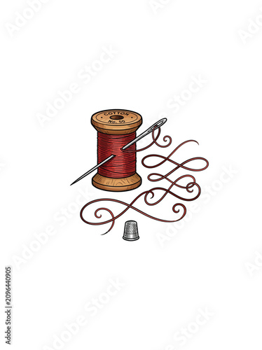 A Detailed Illustration Of A Vintage Wooden Spool Wound With Red Cotton Thread A Needle Threaded With The Same Thread Forming Elegant Loops Accompanied By Vector Illustration