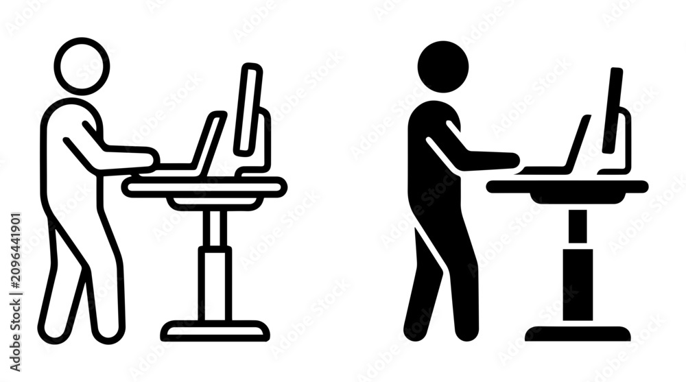 Fototapeta premium Standing Desk Icons, Ergonomic Workstation Silhouettes, Adjustable Height Office Setup