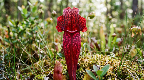 Crimson pitcher plant central structure with dew drops