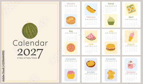 2027 Food Calendar Template with Cute Flat Vector Illustrations. Printable monthly wall calendar featuring delicious food 