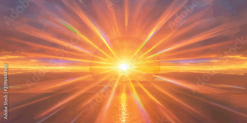Konstfotografi Golden sunrise sky with radiant sunburst effect sunburst sunlight landscape back