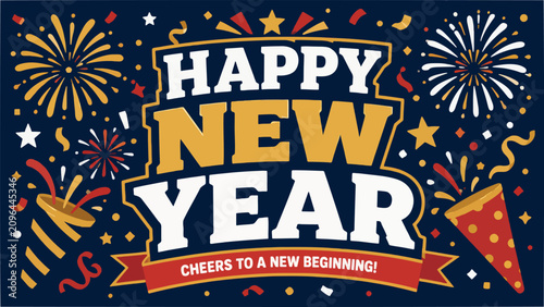 Happy New Year typographic banner, frontal centered composition, celebrating holiday seasons, vector graphic illustration, vibrant high contrast colors, on dark blue background with fireworks.