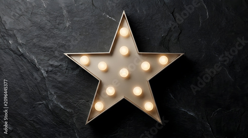 Vintage marquee star light on black stone background | Luxury awards ceremony decoration with LED bulbs | Hollywood style illuminated star sign for parties | Elegant metallic wall decor