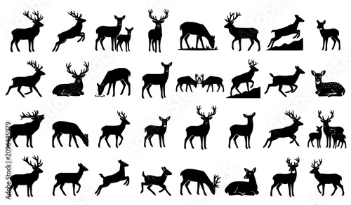 Obraz na płótnie Forest deer and stag silhouette collection with antlered bucks grazing fawns run