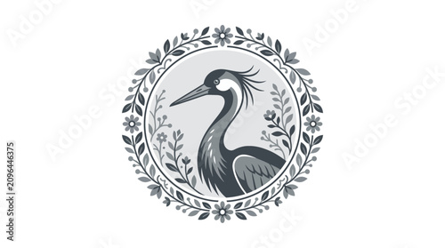 Crane portrait inside decorative floral wreath.