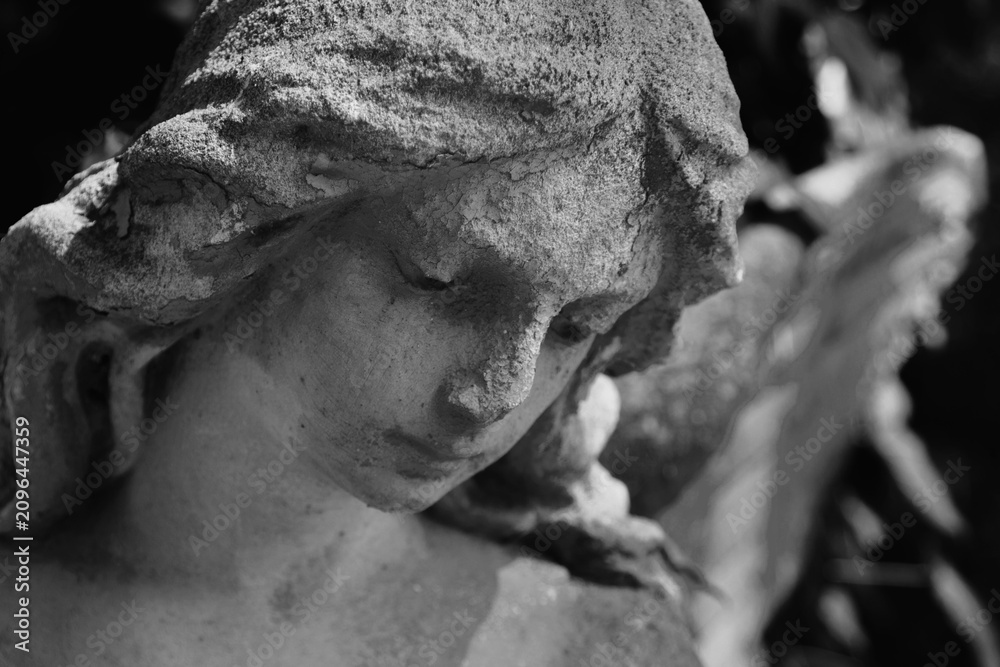 Fototapeta premium A bowed cemetery angel symbolizes quiet mourning, gentle remembrance, and the enduring hope that follows loss.