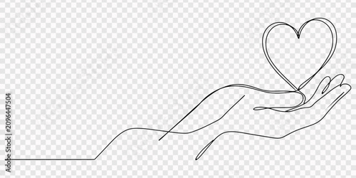 Continuous single line drawing of a human hand holding a heart shape symbol Vector, illustration, Hand holding heart continuous one line drawing illustration with clean design, transparent background
