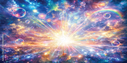 Foto Ethereal dreamlike fantasy landscape with sunburst and bubbles landscape sunburs