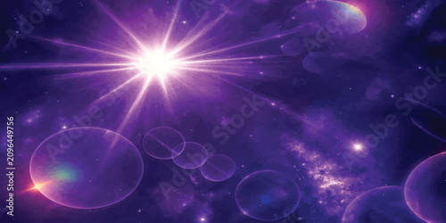 Bild auf Leinwand Cosmic space background with bright purple starlight and glowing nebula bokeh as