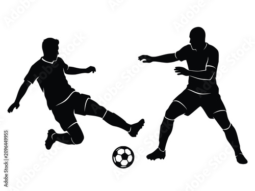 Photos Football players competing for ball, slide tackle and defensive stance, intense game