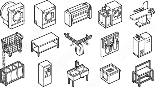 Laundry service equipment isometric icon set featuring washing machines drying racks and cleaning utility tools vector illustration