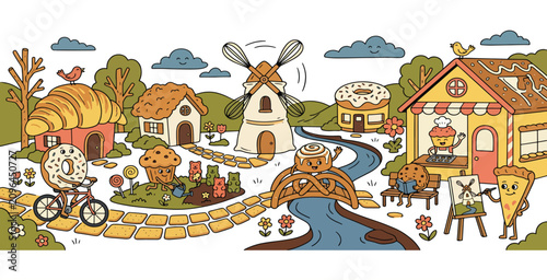 A whimsical bakery village with animated pastries, houses, and a river flowing through.