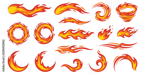 Collection of various isolated fire flames in dynamic shapes and swirling designs.