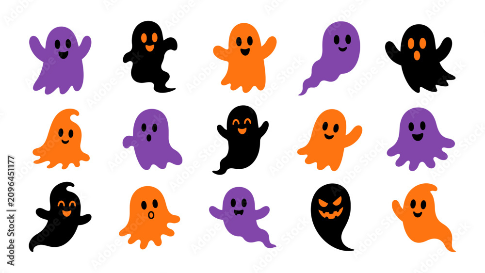 Fototapeta premium Colorful halloween ghost characters set spooky and cute vector illustrations