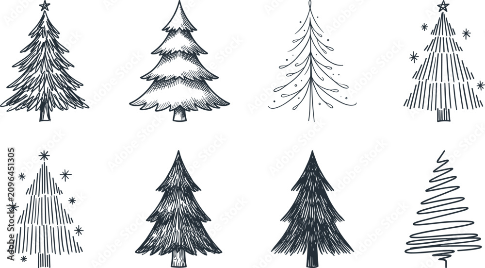 Obraz premium Hand Drawn Vintage Christmas Tree Collection featuring Engraved Sketch Styles, Abstract Line Art, and Textured Woodland Pine Elements for Festive Winter Holiday Designs