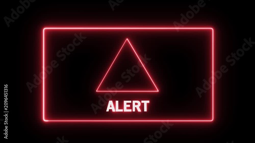 Glowing red neon alert sign with exclamation mark symbol inside a triangular warning digital cyber security notification for emergency broadcasts, system error messages, and safety warnings