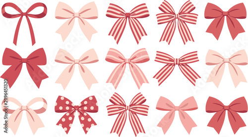Decorative ribbon bows vector set featuring cute pink and red striped and polka dot elements isolated on white background