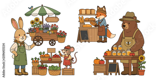 Cute animal street market stall set with vegetables bread honey flowers shop vector collection.