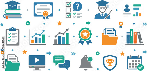Bild auf Leinwand Online Learning Management System Icon Collection Featuring Course Catalog Analy