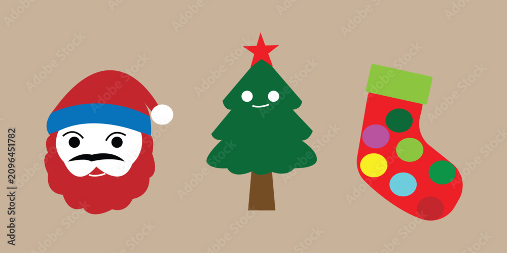 Fototapeta premium Festive set with cute santa claus face christmas tree and colorful polka dot socks icon.