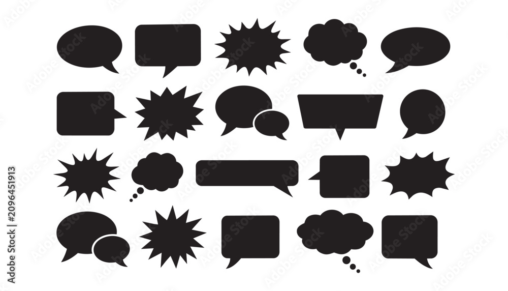 Fototapeta premium Comic speech bubble silhouettes set, black chat and thought balloons