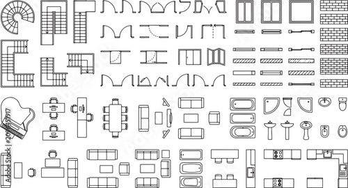 Architectural floor plan symbols set featuring furniture doors windows and stairs for interior design technical drawing
