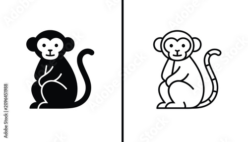 Photography Monkey and Ape Icon Set with Flat Filled Silhouette and Thin Line Outline Art De