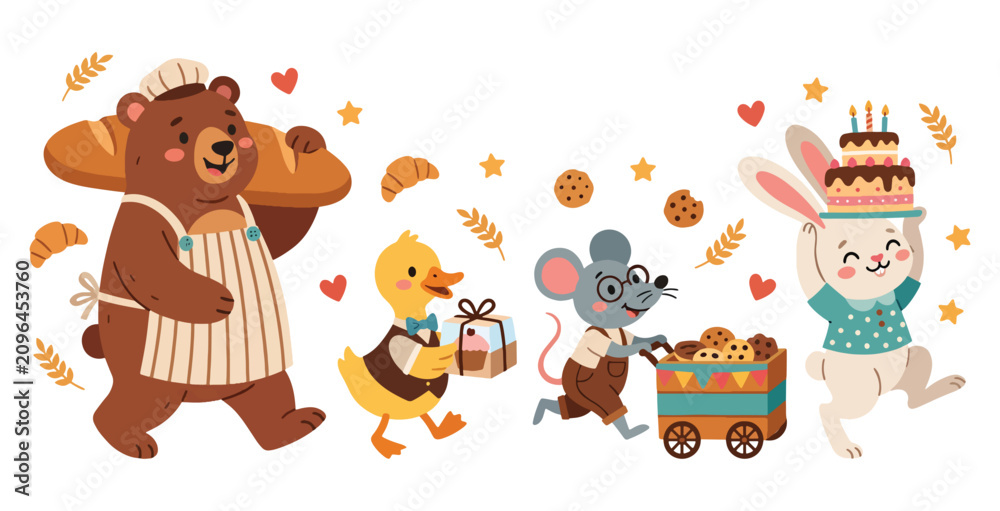 Fototapeta premium Cute cartoon animals as bakers or delivery characters holding pastries and cakes.