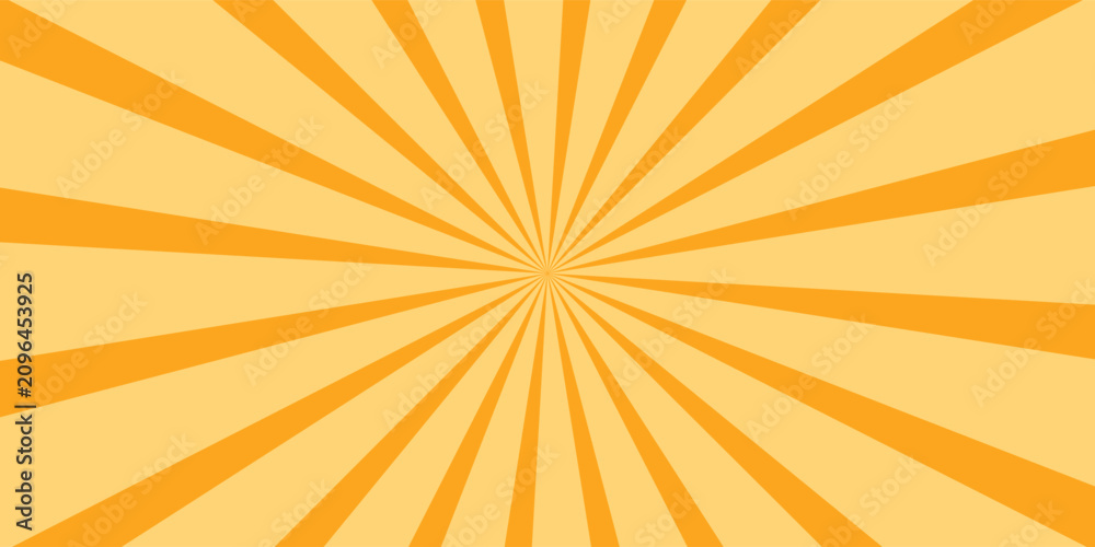 Fototapeta premium Orange stripes burst lines background. Sun ray light. Radiate sunlight. Vintage stripes halftone radial wallpaper for poster, banner.Circus background of spiral yellow orange rays vector.