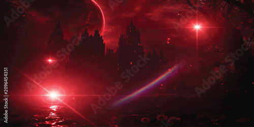 Tableau sur toile Mysterious dark castle at night with red glowing lights mysterious haunting silh