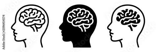 Brain inside human head icon set for psychology, neurology and cognitive science. Outline and solid pictograms for healthcare, education and information graphics.