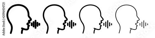 Human speaking icon with voice waves in variable line weight style. Speech, voice communication and audio symbol for UI, signage, healthcare and accessibility design.