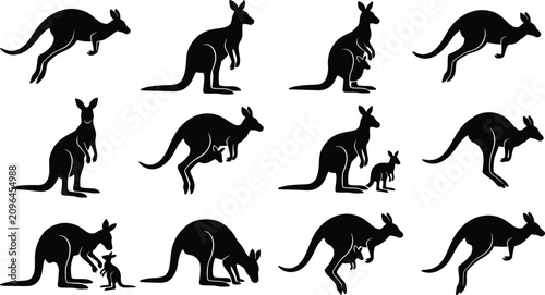 Bild auf Leinwand Black kangaroo silhouettes, vector icons, marsupial symbols, wildlife graphics