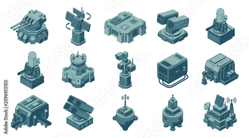 Photos Collection of futuristic military defense turrets and structures.
