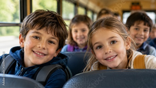 A group of children sits on a school bus, enjoying their time together. They are smiling and chatting as they travel to a local park for a field trip.