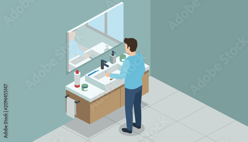 фотографія Young man standing at the bathroom sink washing hands and looking in the mirror to maintain personal hygiene
