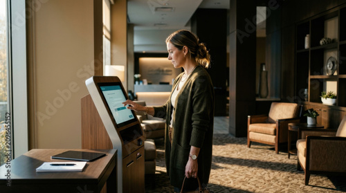 Woman Interacting With Modern Self Service Kiosk In A Stylish Lobby