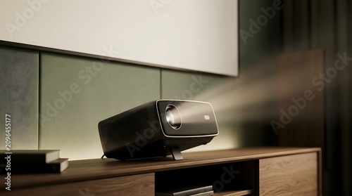 A sleek black home projector with an adjustable stand casting light onto a blank screen in a modern room.